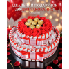 Композиція двоярусна із цукерок Kinder, Raffaello та Ferrero Rocher з червоними трояндами 