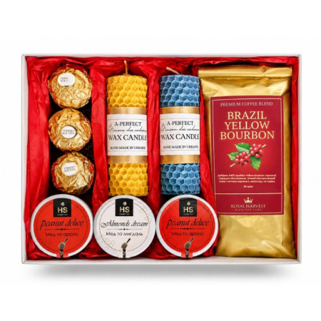 Елітний подарунковий набір "Солодкі Моменти": Свічки Вощина, Кава Yellow Bourbon, Мед & Ferrero Rocher
